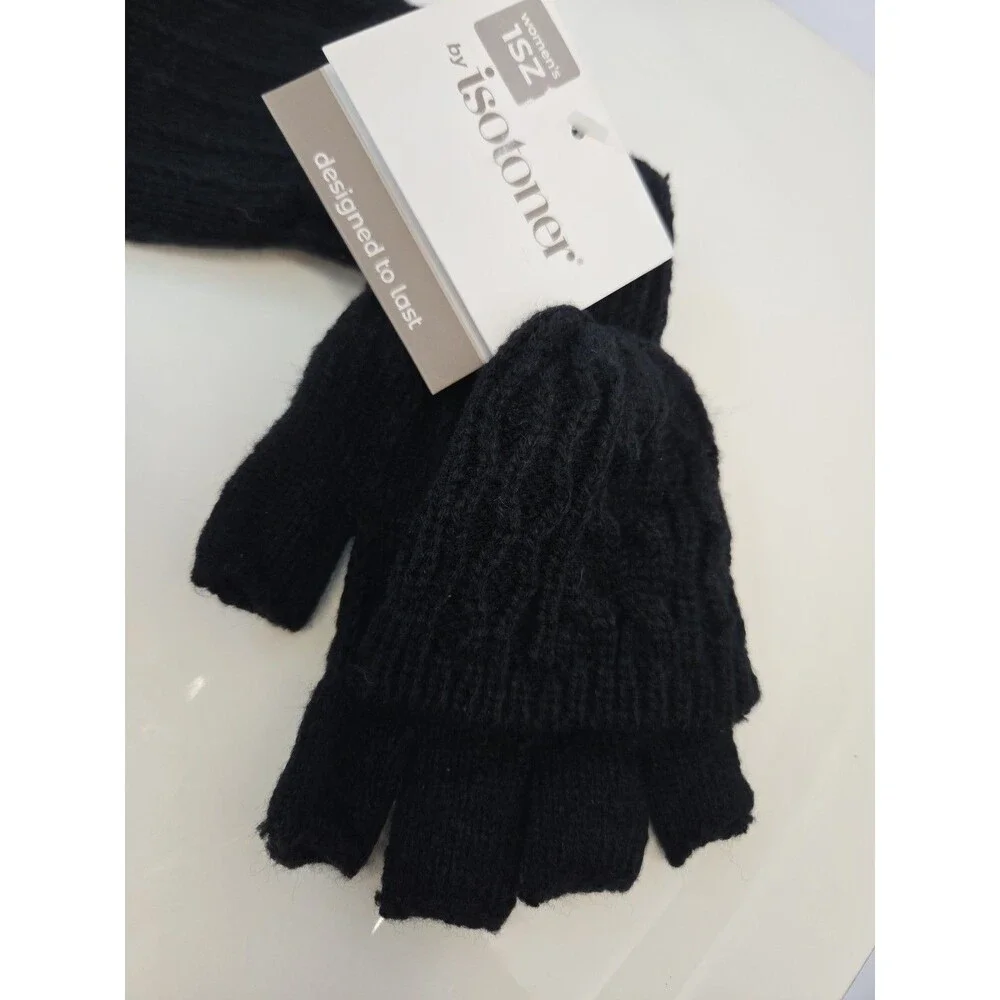 NWT ISOTONER women Glove To Mitten Snap convertible Black Knit 1 Sz Fits Most
